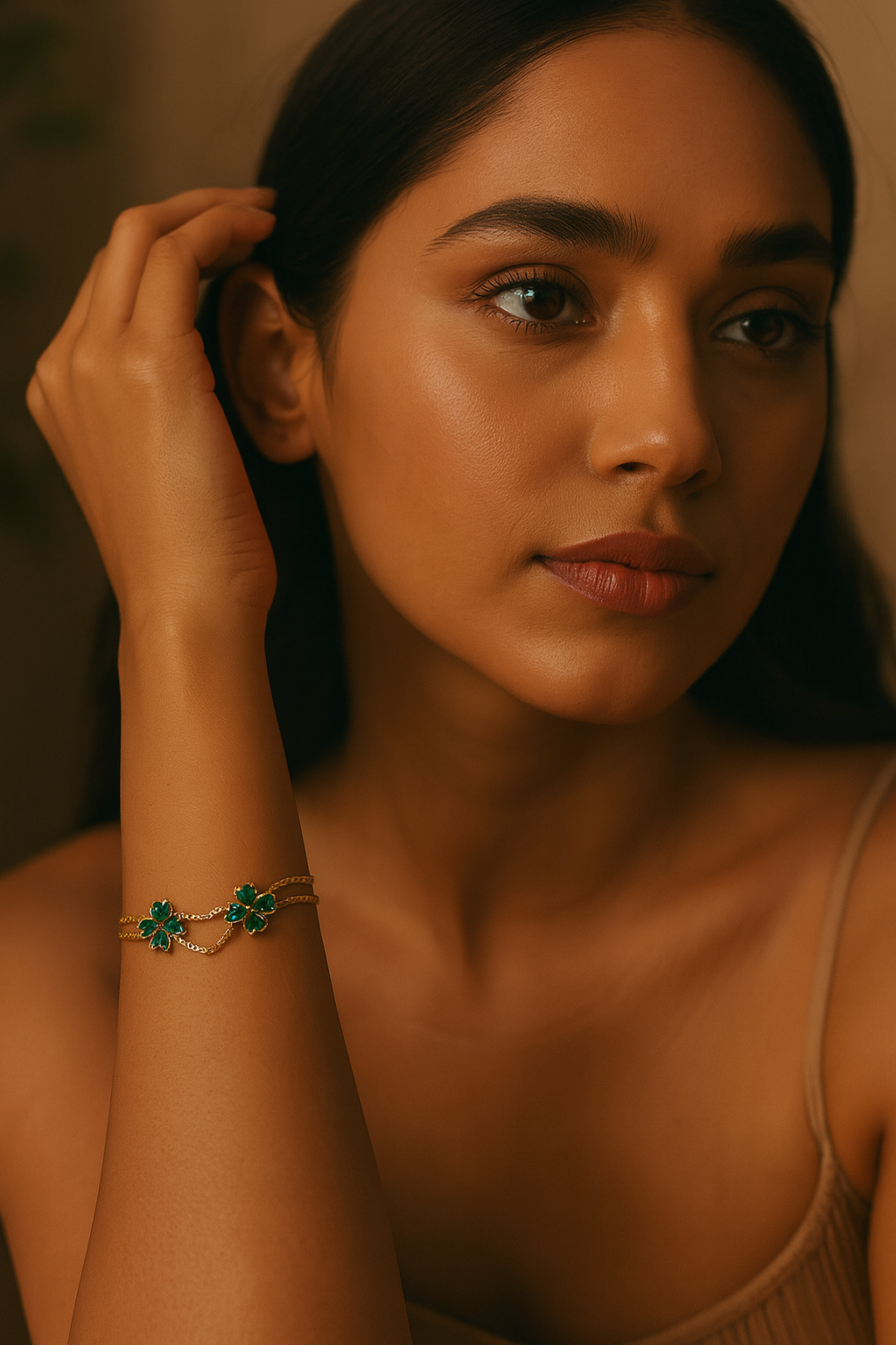 Emerald Clover Charm - Gold Vermeil Bracelet